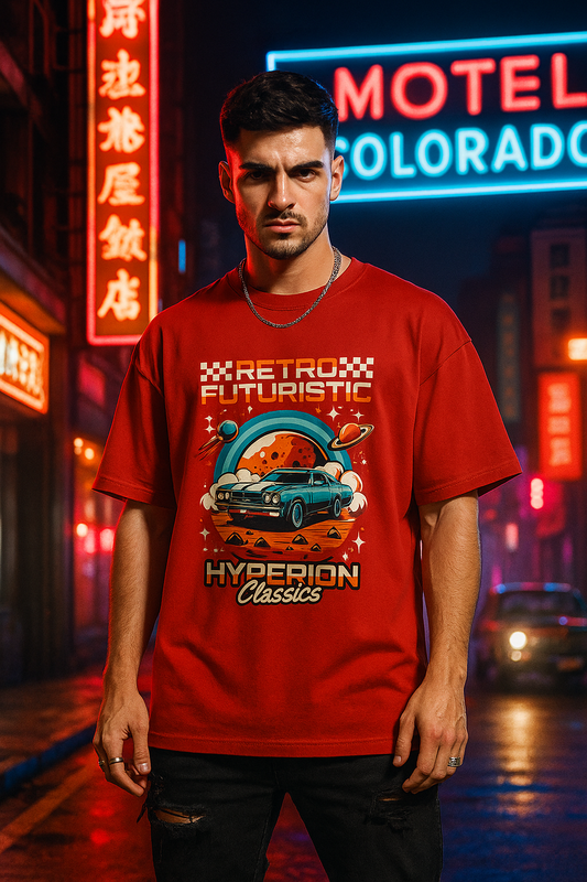 Retro Futuristic Car Graphic Oversized T-Shirt – Hyperion Classics | 240 GSM 100% Cotton
